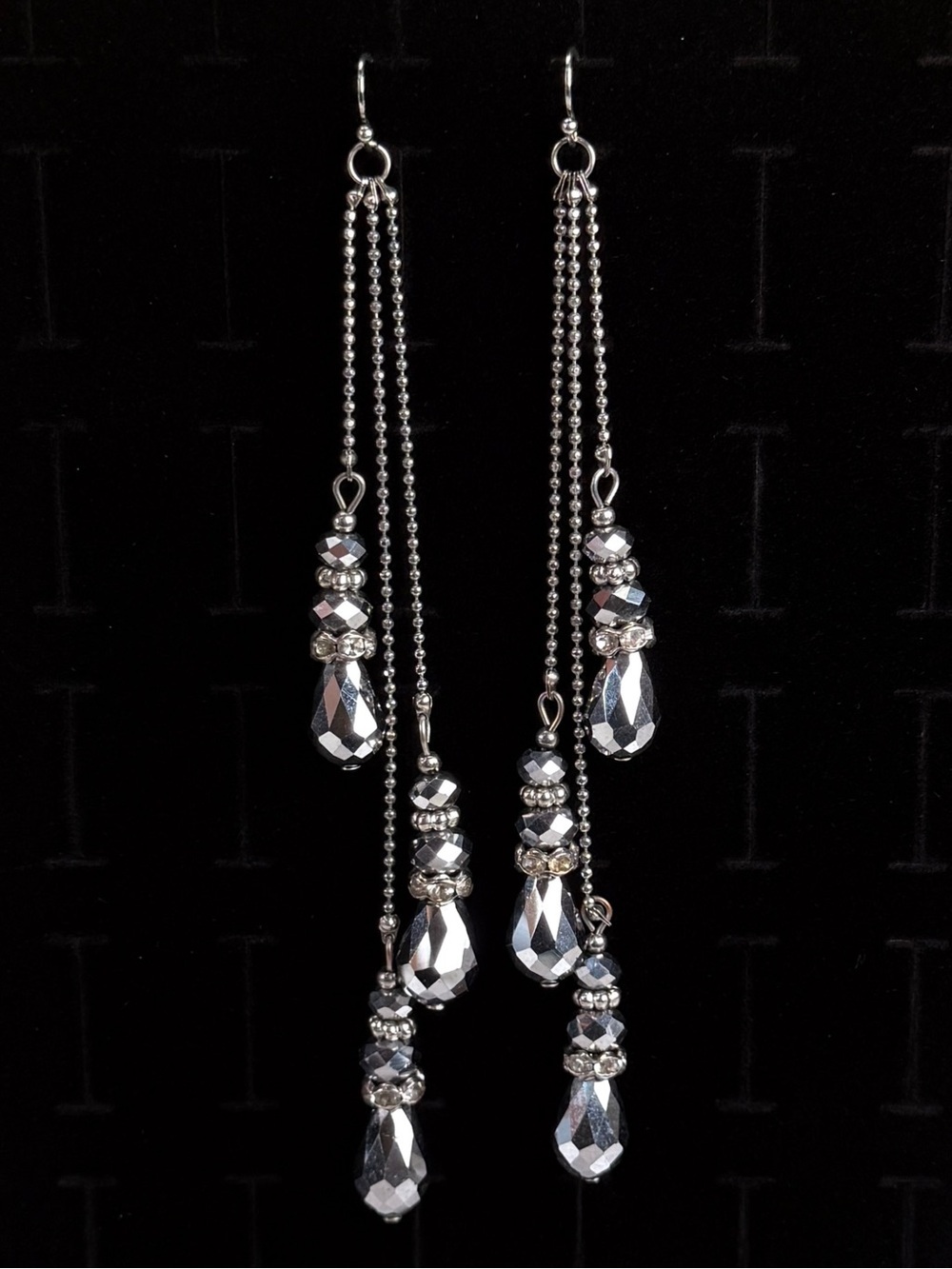 Long, silvery gray reflective, weighted bead fringe dangle pierced earrings